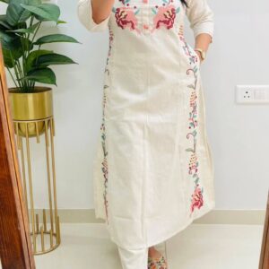 Off-White Embroidered Kurta Pant Set for Women | Stylish Ethnic & Office Wear