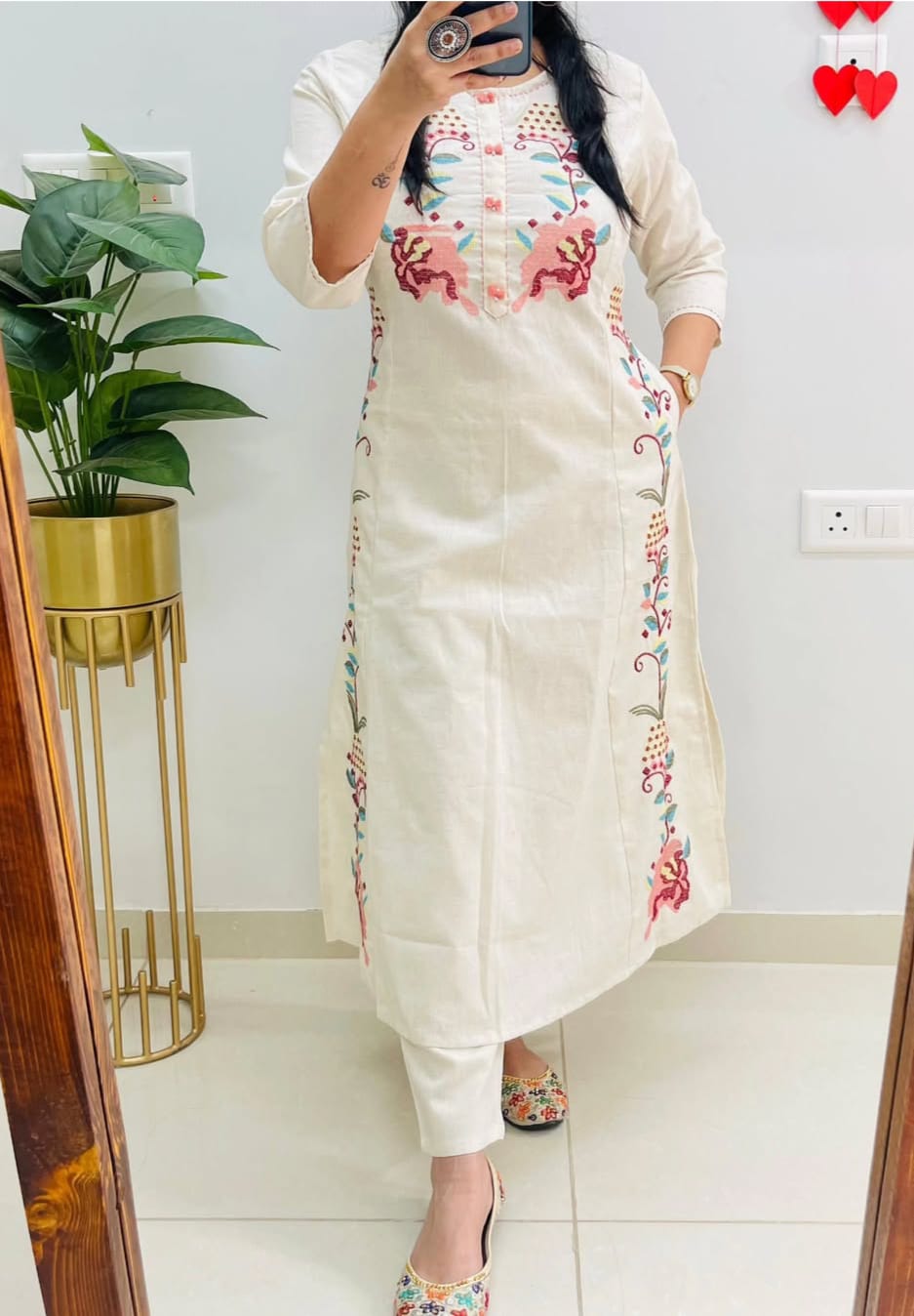 Off-White Embroidered Kurta Pant Set for Women | Stylish Ethnic & Office Wear