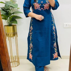 Teal Blue Embroidered Kurta Pant Set for Women | Stylish Ethnic & Office Wear
