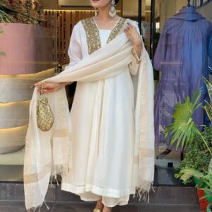 White & Gold Embroidered Anarkali Kurta Set with Dupatta | Festive & Wedding Wear for Women