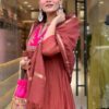 rust brown anarkali suit set with pink embroidered yoke & dupatta for women | festive ethnic wear