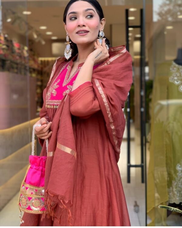 rust brown anarkali suit set with pink embroidered yoke & dupatta for women | festive ethnic wear