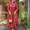 rust brown anarkali suit set with pink embroidered yoke & dupatta for women | festive ethnic wear