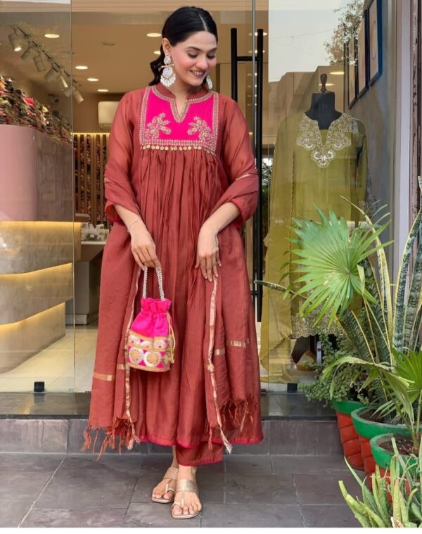 rust brown anarkali suit set with pink embroidered yoke & dupatta for women | festive ethnic wear