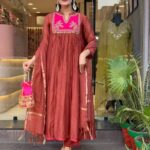 rust brown anarkali suit set with pink embroidered yoke & dupatta for women | festive ethnic wear