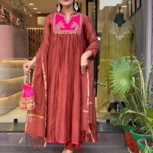 rust brown anarkali suit set with pink embroidered yoke & dupatta for women | festive ethnic wear
