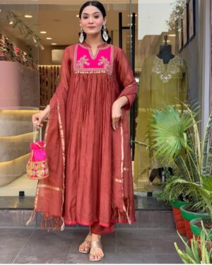 rust brown anarkali suit set with pink embroidered yoke & dupatta for women | festive ethnic wear