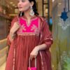 rust brown anarkali suit set with pink embroidered yoke & dupatta for women | festive ethnic wear