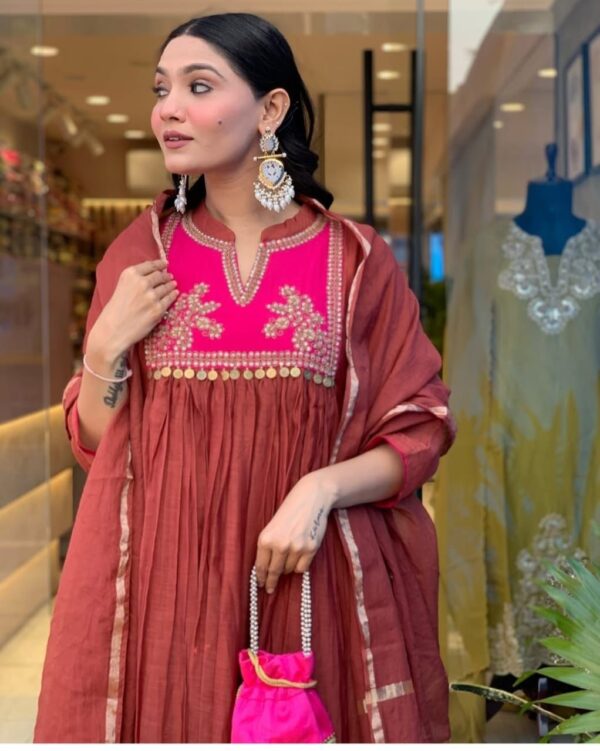 rust brown anarkali suit set with pink embroidered yoke & dupatta for women | festive ethnic wear