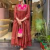 rust brown anarkali suit set with pink embroidered yoke & dupatta for women | festive ethnic wear