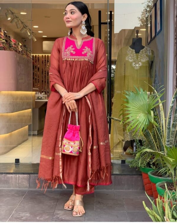 rust brown anarkali suit set with pink embroidered yoke & dupatta for women | festive ethnic wear