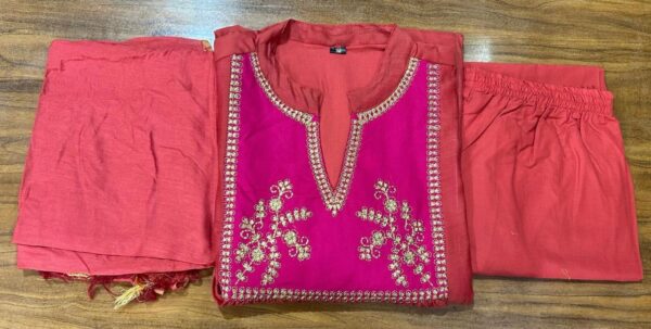 rust brown anarkali suit set with pink embroidered yoke & dupatta for women | festive ethnic wear