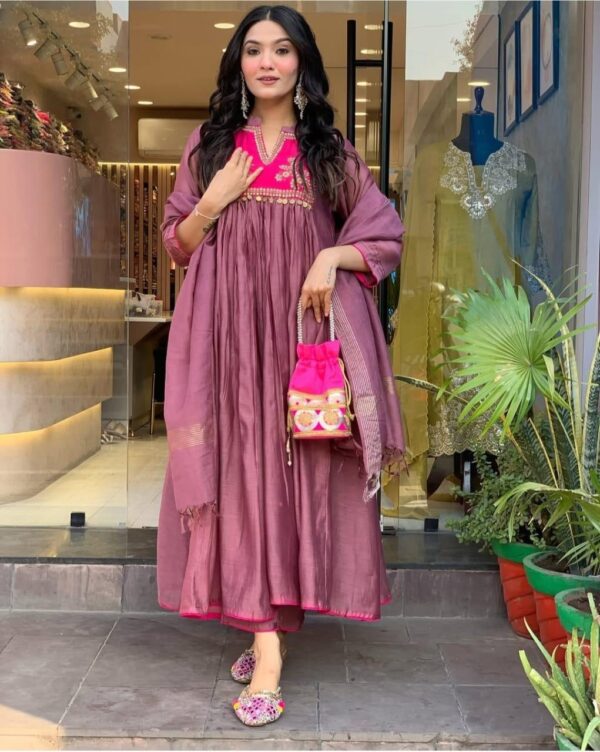 mauve pink anarkali suit set with embroidered yoke & dupatta for women | festive & ethnic wear