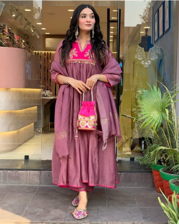mauve pink anarkali suit set with embroidered yoke & dupatta for women | festive & ethnic wear