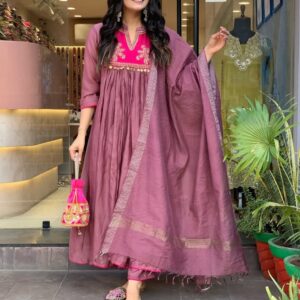 mauve pink anarkali suit set with embroidered yoke & dupatta for women | festive & ethnic wear