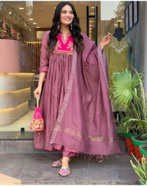 mauve pink anarkali suit set with embroidered yoke & dupatta for women | festive & ethnic wear
