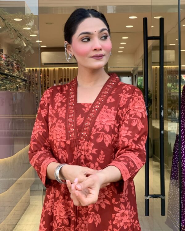 rust red floral printed cotton suit set with dupatta for women | ethnic festive & daily wear
