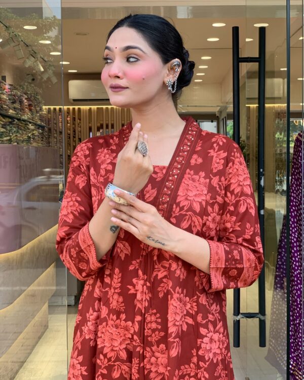 rust red floral printed cotton suit set with dupatta for women | ethnic festive & daily wear