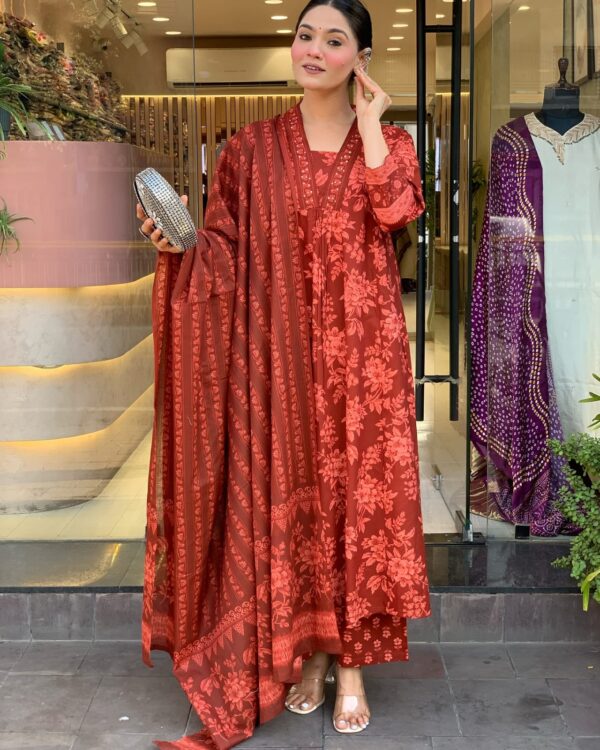 rust red floral printed cotton suit set with dupatta for women | ethnic festive & daily wear