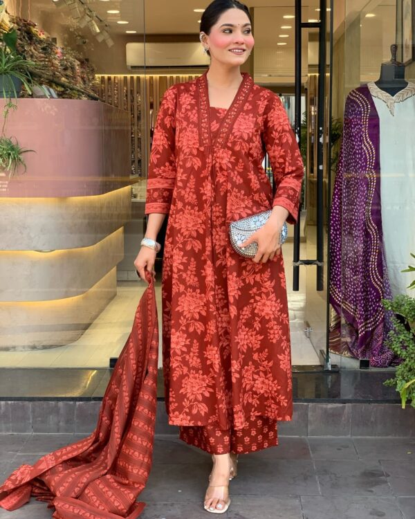 rust red floral printed cotton suit set with dupatta for women | ethnic festive & daily wear