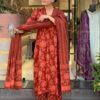 rust red floral printed cotton suit set with dupatta for women | ethnic festive & daily wear
