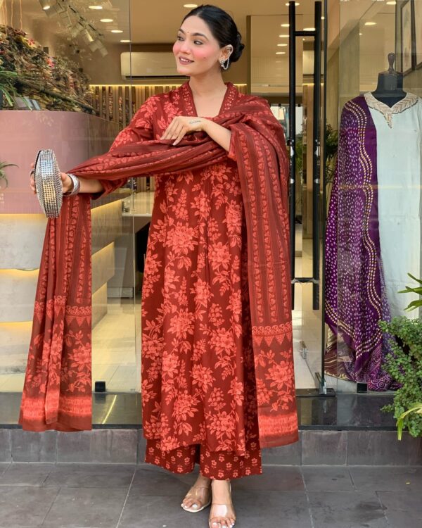 rust red floral printed cotton suit set with dupatta for women | ethnic festive & daily wear