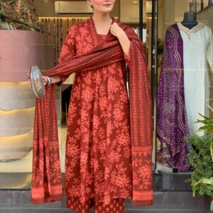 rust red floral printed cotton suit set with dupatta for women | ethnic festive & daily wear
