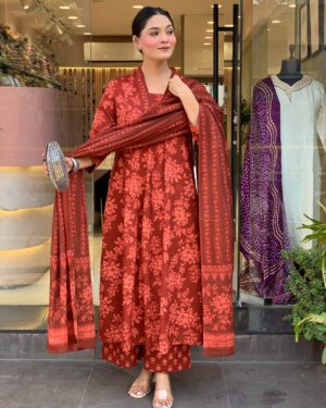 rust red floral printed cotton suit set with dupatta for women | ethnic festive & daily wear