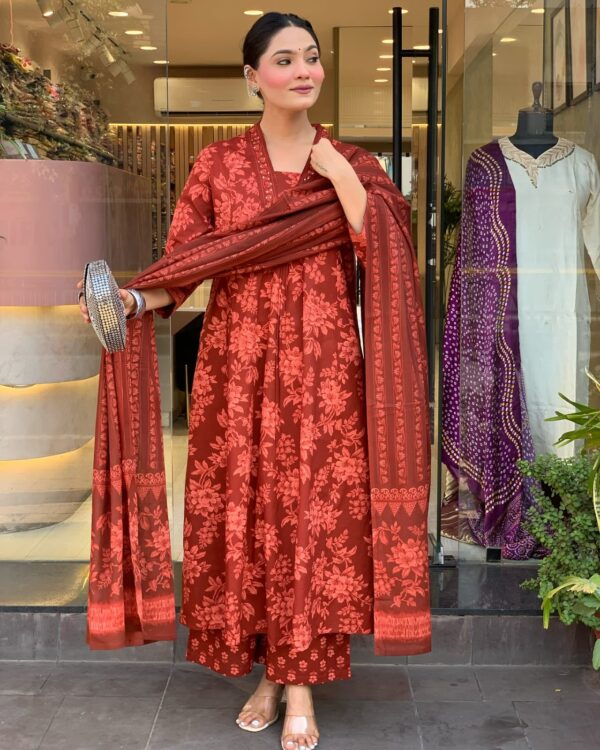 rust red floral printed cotton suit set with dupatta for women | ethnic festive & daily wear