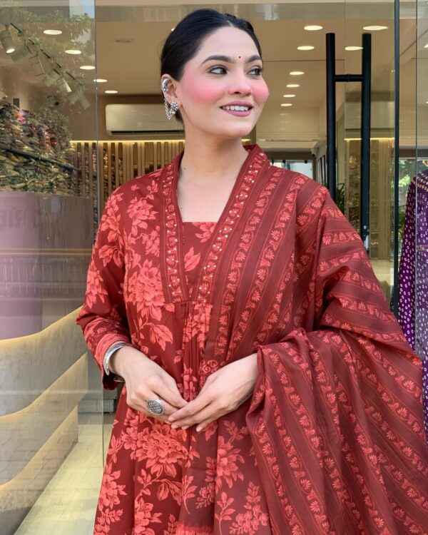 rust red floral printed cotton suit set with dupatta for women | ethnic festive & daily wear