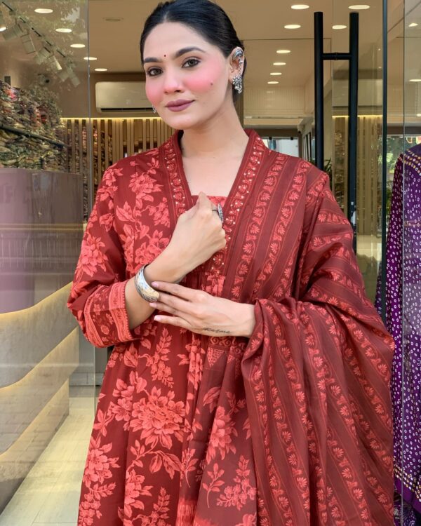 rust red floral printed cotton suit set with dupatta for women | ethnic festive & daily wear