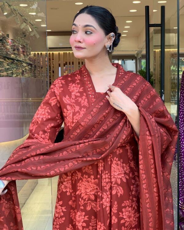 rust red floral printed cotton suit set with dupatta for women | ethnic festive & daily wear