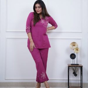 Magenta Embroidered Co-Ord Set for Women | Stylish Kurta Pant Set for Casual & Office Wear
