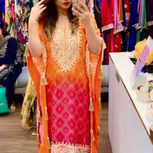 Orange Pink Embroidered Kurta Set with Dupatta for Women | Festive & Party Wear Ethnic Outfit