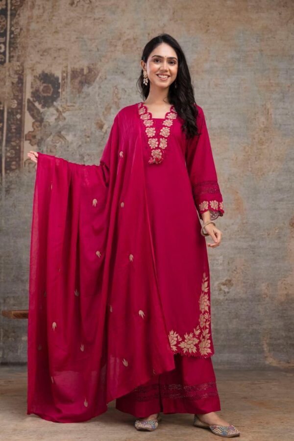 Pink Embroidered Kurta Pant Set with Dupatta for Women | Festive Ethnic Wear