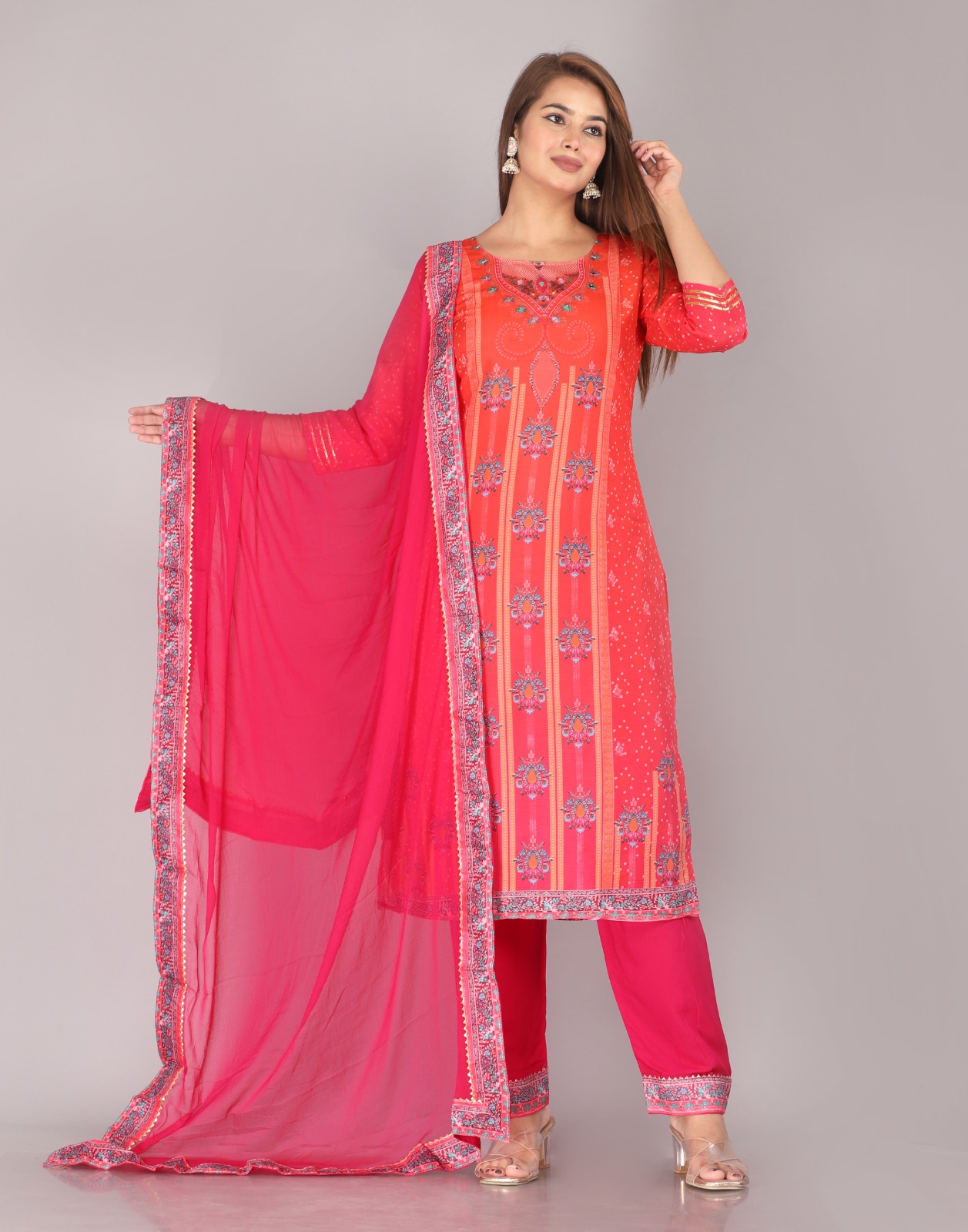 Red Embroidered Kurta Pant Set with Dupatta for Women | Festive Ethnic Wear - Image 3