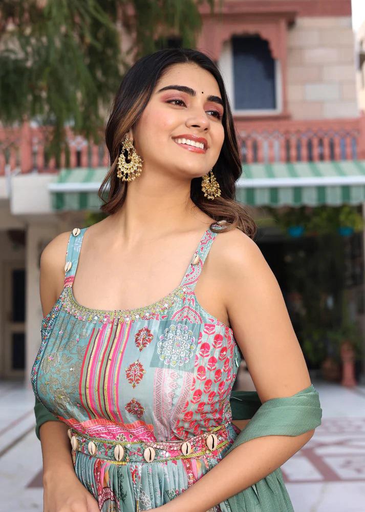 Green Printed Anarkali Dress with Dupatta for Women | Elegant Festive Ethnic Wear - Image 12