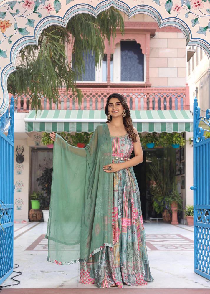 Green Printed Anarkali Dress with Dupatta for Women | Elegant Festive Ethnic Wear - Image 11
