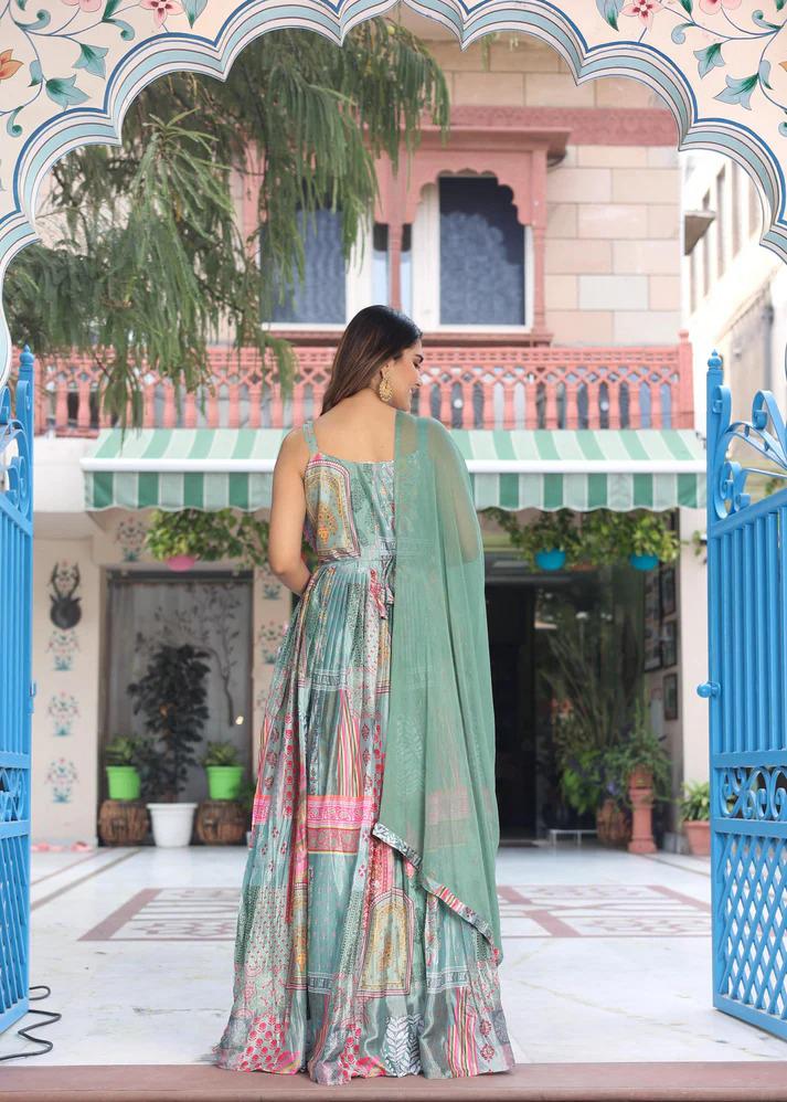 Green Printed Anarkali Dress with Dupatta for Women | Elegant Festive Ethnic Wear - Image 10