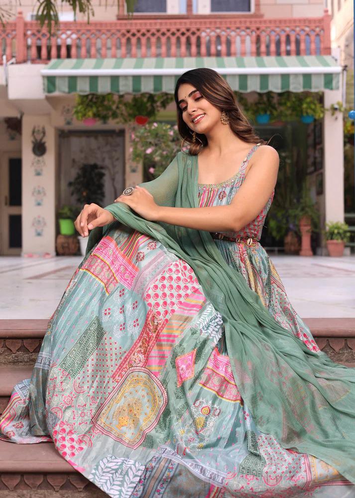 Green Printed Anarkali Dress with Dupatta for Women | Elegant Festive Ethnic Wear - Image 9