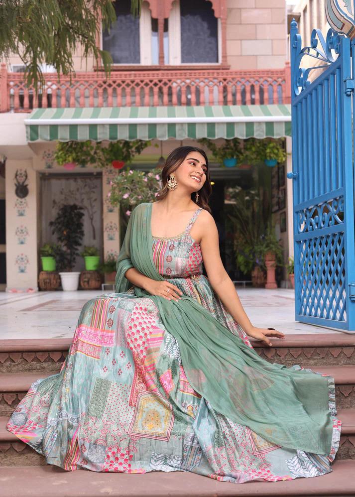 Green Printed Anarkali Dress with Dupatta for Women | Elegant Festive Ethnic Wear - Image 7
