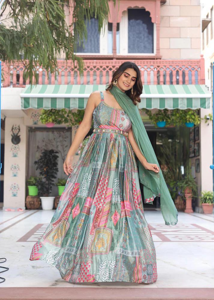 Green Printed Anarkali Dress with Dupatta for Women | Elegant Festive Ethnic Wear - Image 5