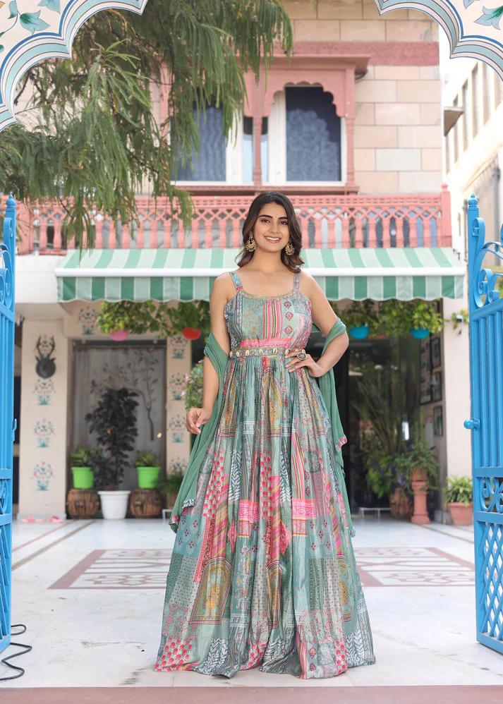 Green Printed Anarkali Dress with Dupatta for Women | Elegant Festive Ethnic Wear - Image 6