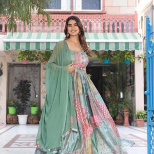 Green Printed Anarkali Dress with Dupatta for Women | Elegant Festive Ethnic Wear
