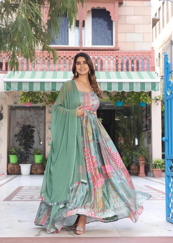 Green Printed Anarkali Dress with Dupatta for Women | Elegant Festive Ethnic Wear