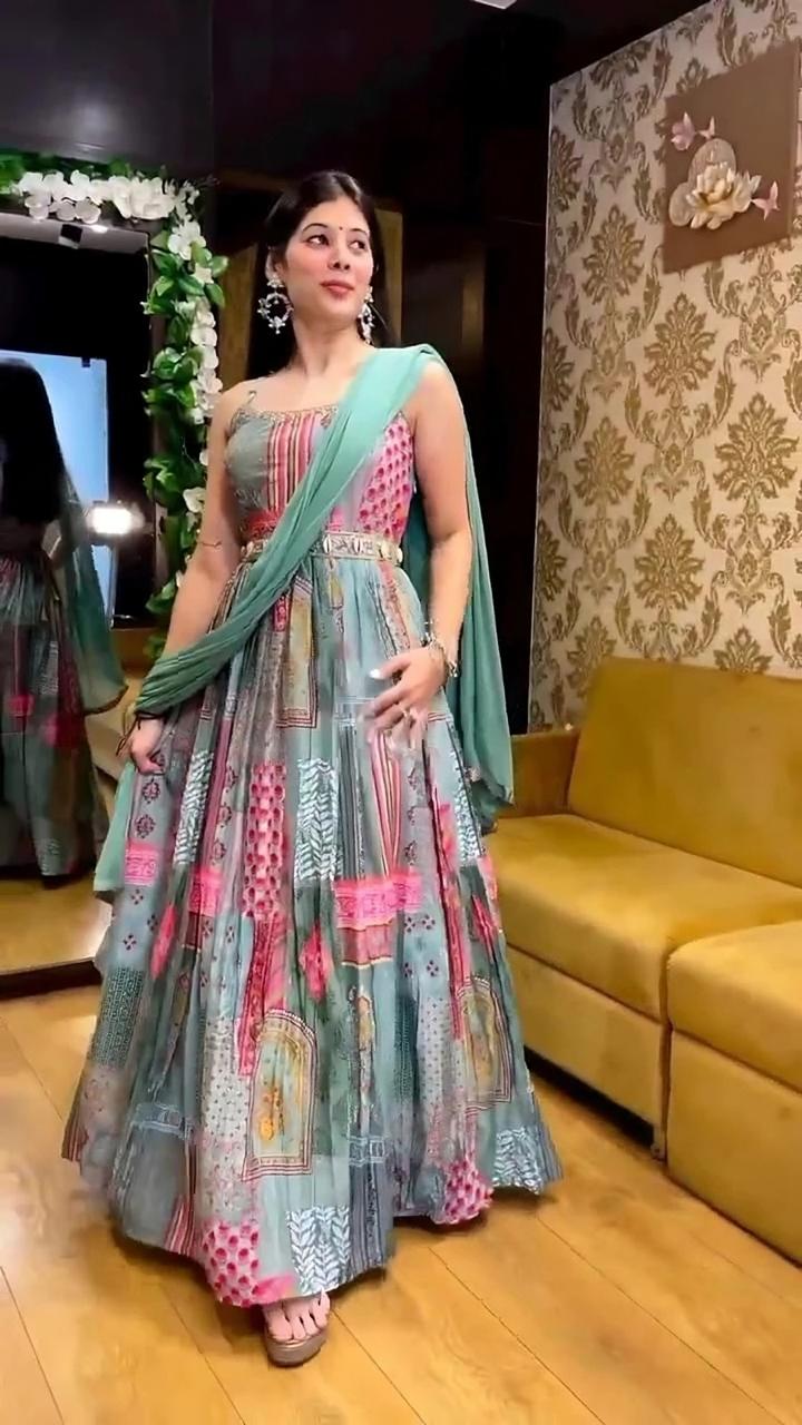 Green Printed Anarkali Dress with Dupatta for Women | Elegant Festive Ethnic Wear - Image 3