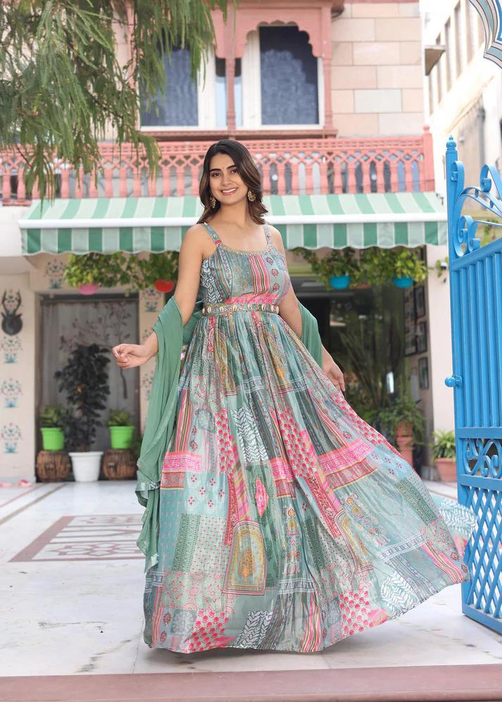 Green Printed Anarkali Dress with Dupatta for Women | Elegant Festive Ethnic Wear - Image 2
