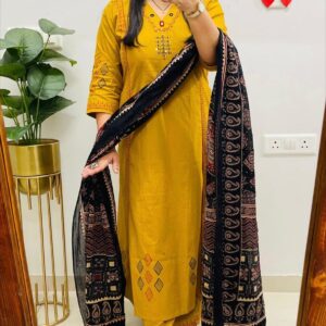 Mustard Yellow Kurta Pant Set with Printed Dupatta for Women | Stylish Ethnic Wear