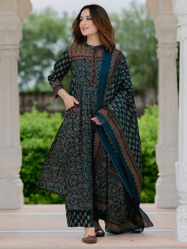 Jaipuri Teal Green Cotton Printed Kurti Pant Dupatta Set | Elegant Ethnic Wear for Women