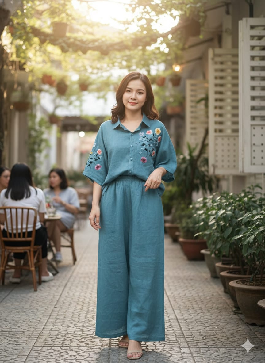 Teal Blue Co-Ord Set with Embroidered Top & Pants for Women | Casual Stylish Wear - Image 3